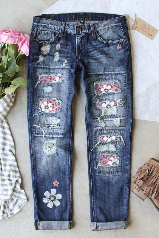 Pink Floral Leopard Print Patchwork Distressed High Waist Jeans