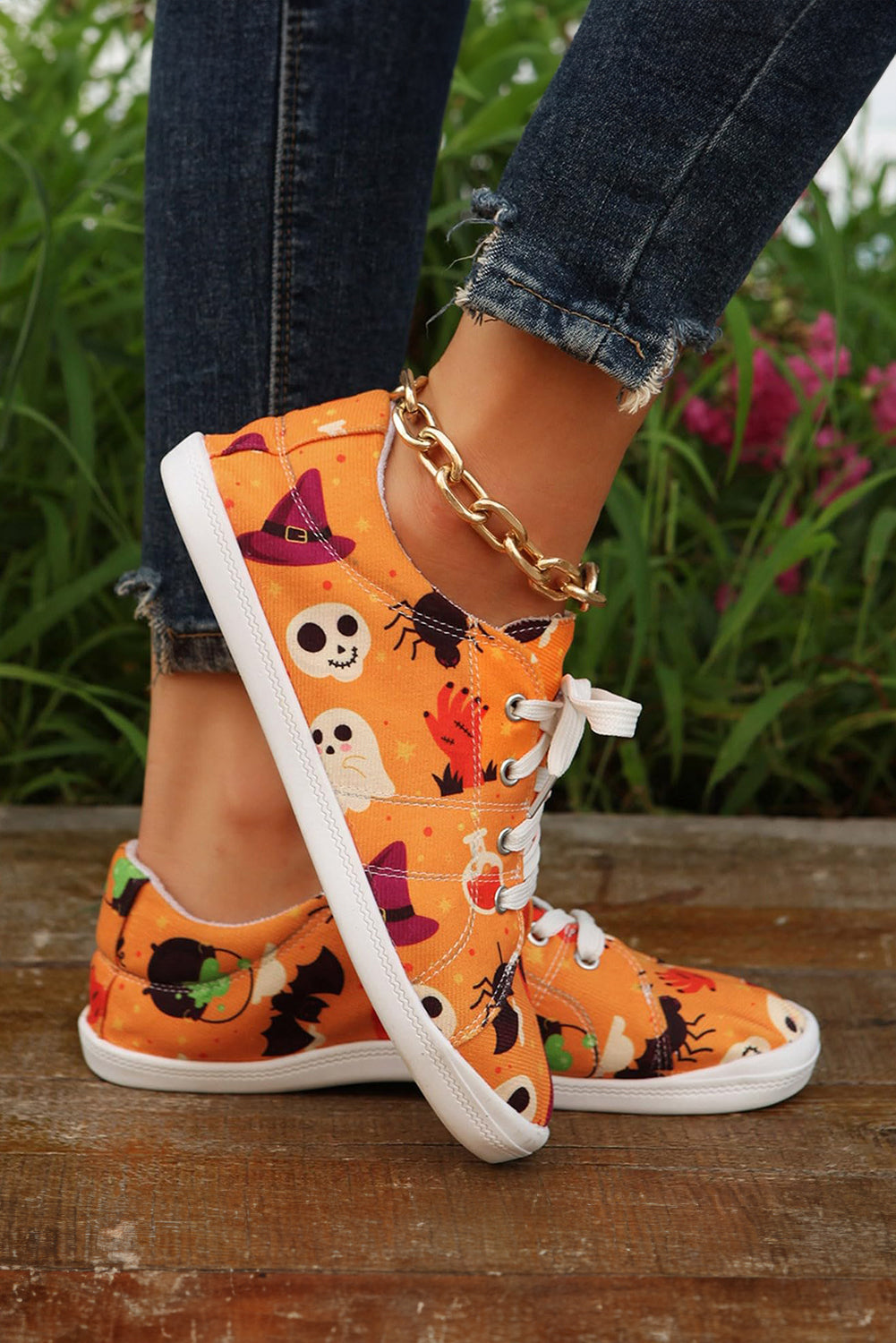 Orange Halloween Pumpkin Ghost Print Lace-up Flat Shoes