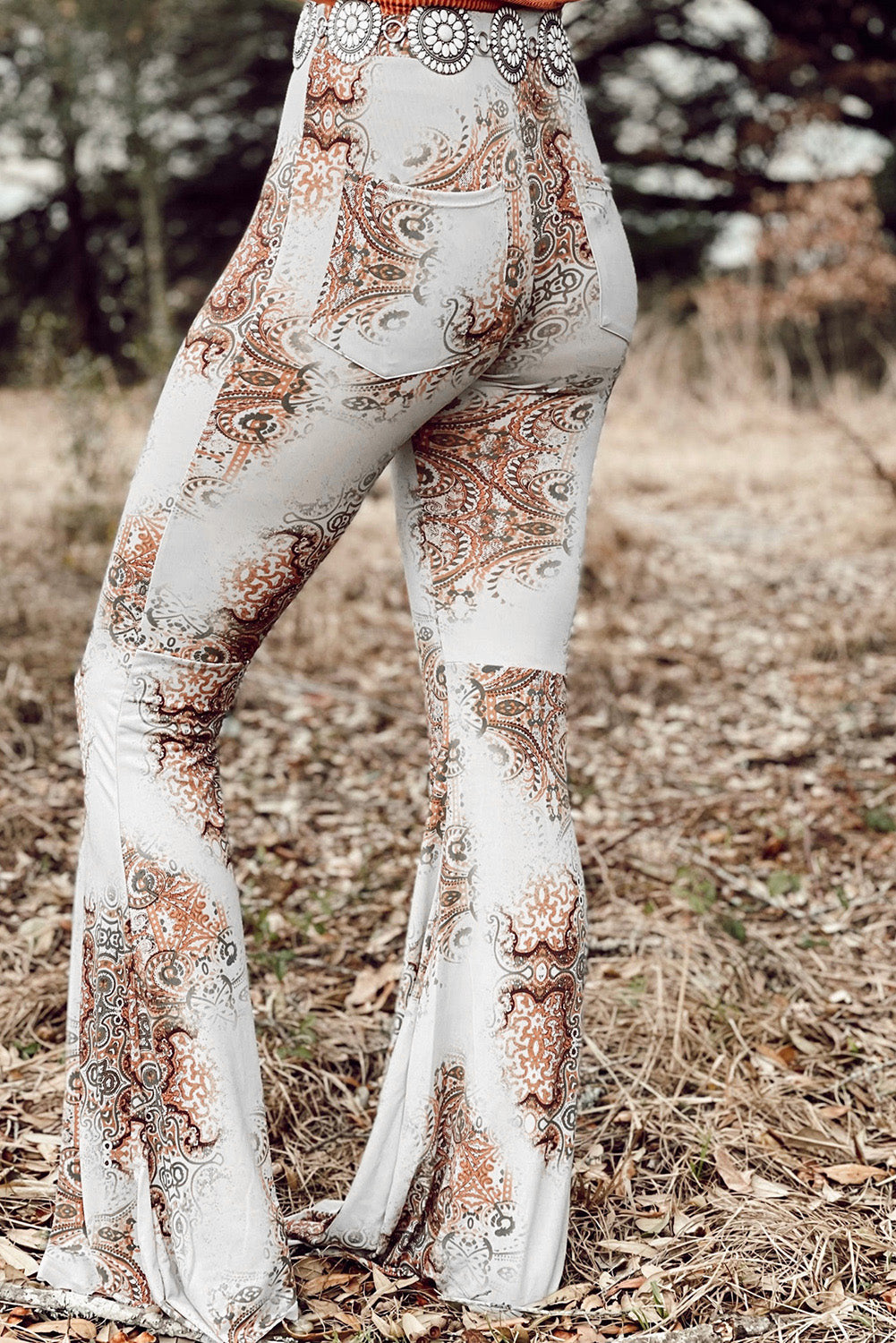 White Western Vintage Print High Waist Bell Pants