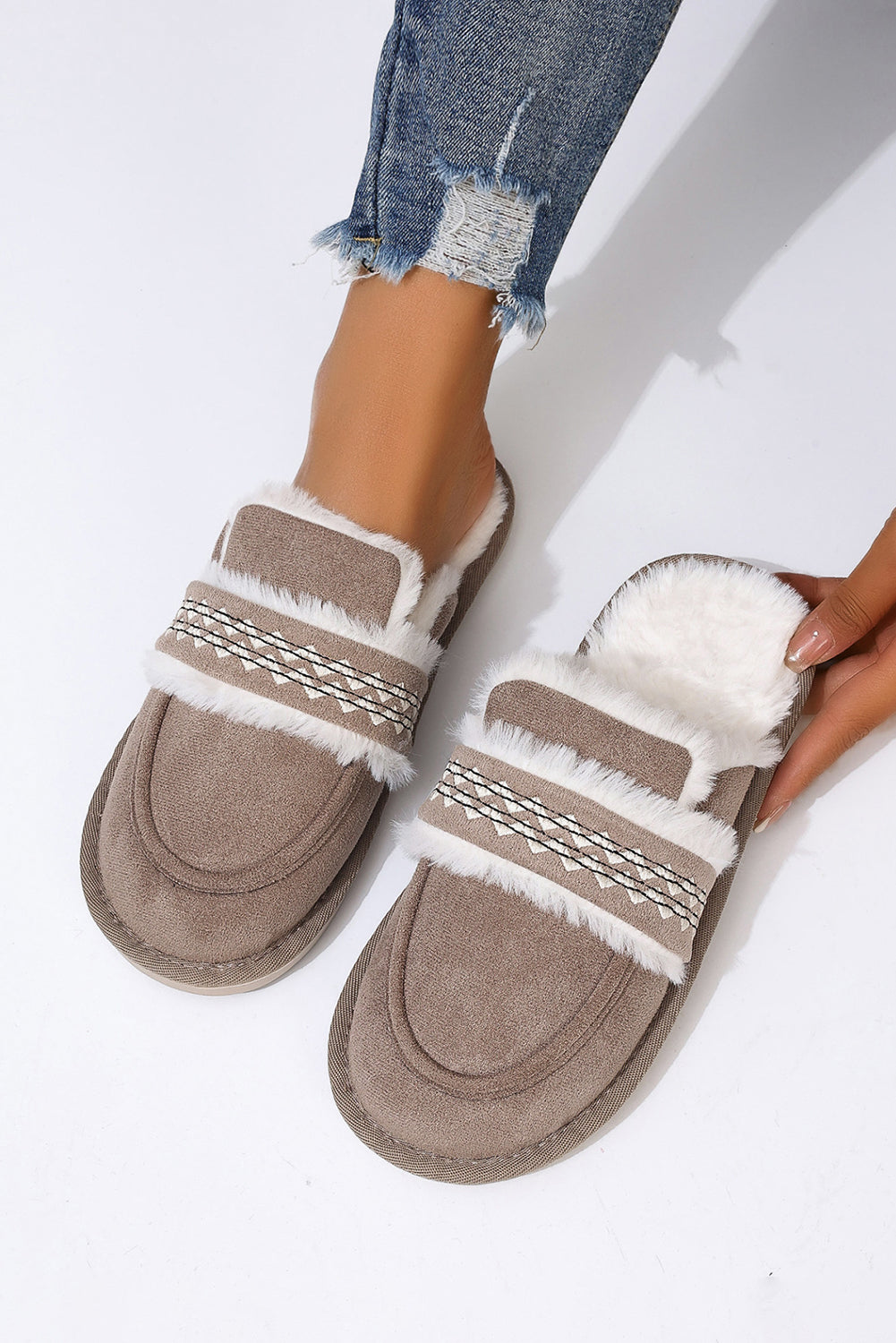 Gray Suede Wavy Striped Plush Lined Slippers (Run Small, Size Up)