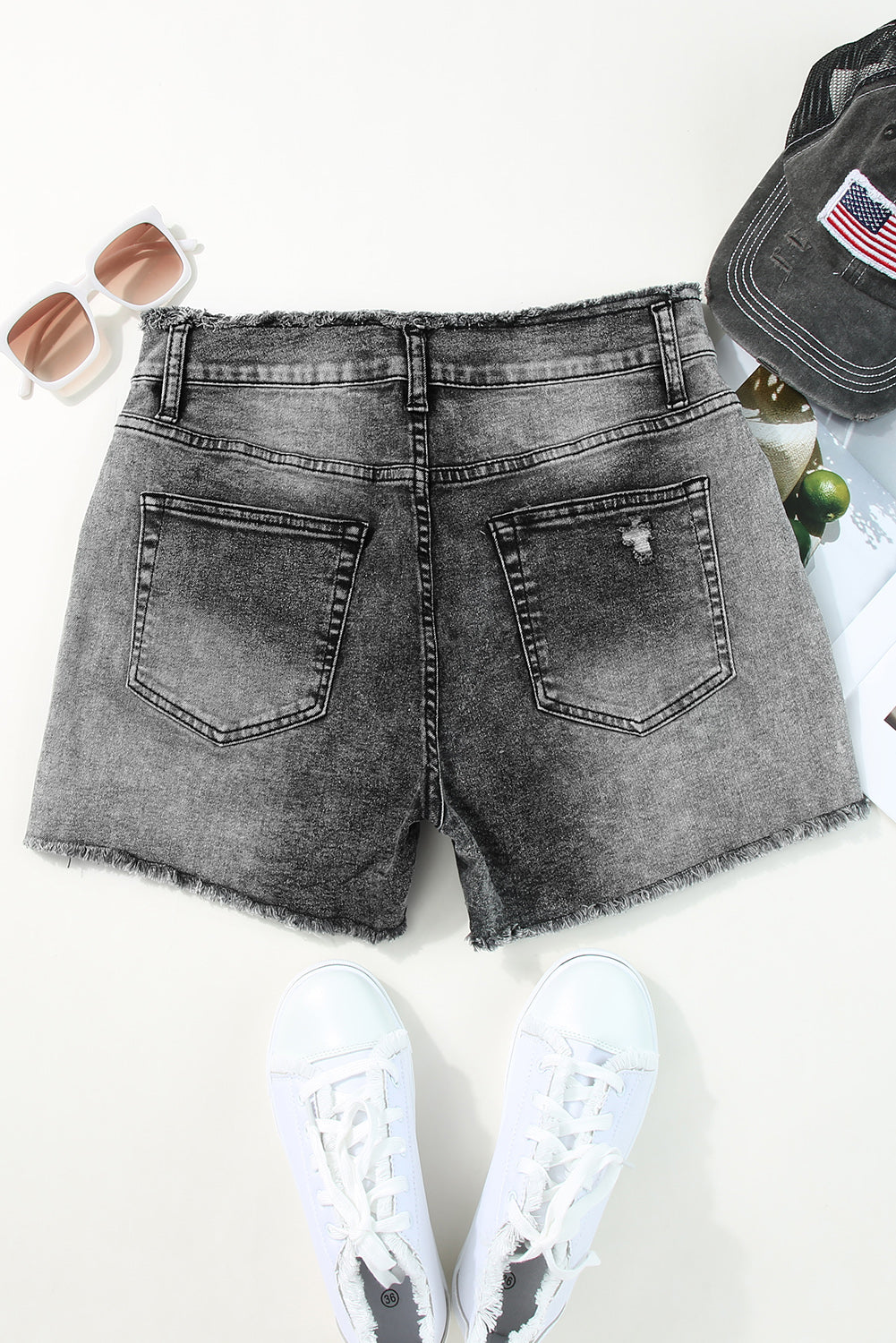 Gray Acid Wash Raw Edge Skinny Denim Shorts