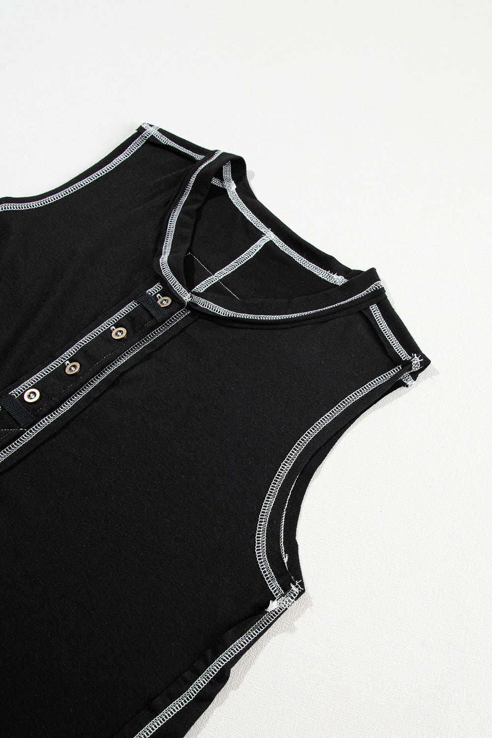 Black Contrast Stitching Exposed Seam Henley Tank Top