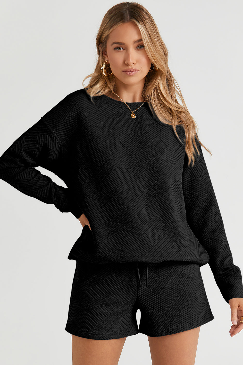 Black Textured Long Sleeve Top and Drawstring Shorts Set