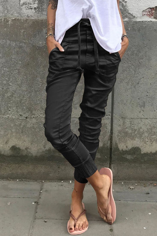 Black High Waist Drawstring Pocketed Pants