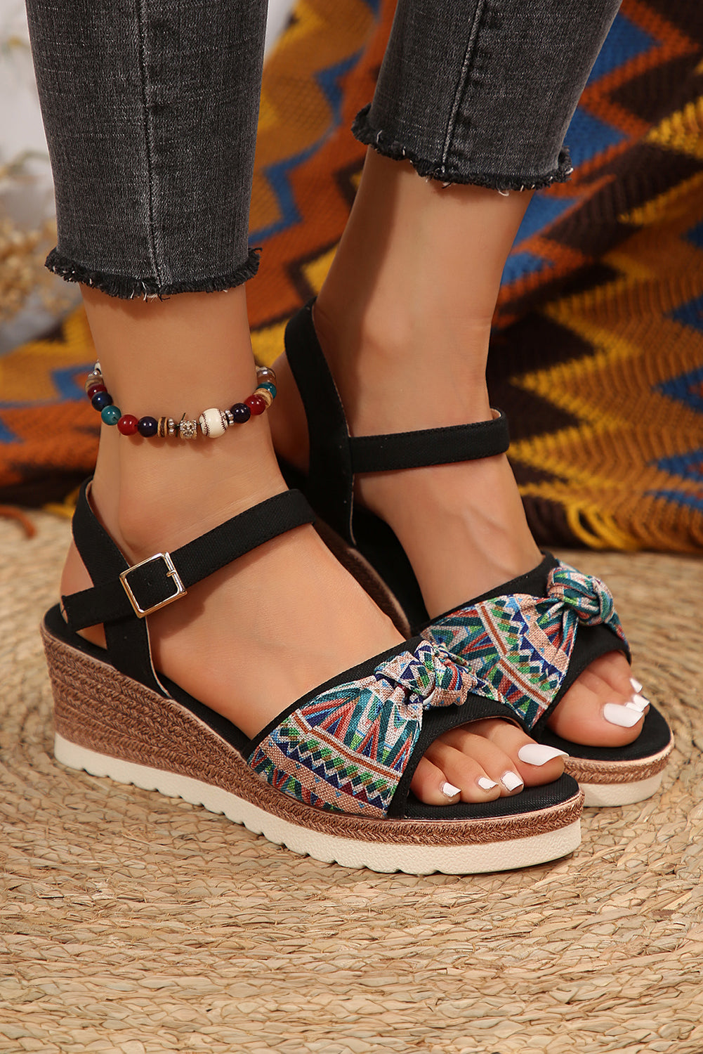 Color black Contrast Bow Decor Buckle Strap Wedge Sandals