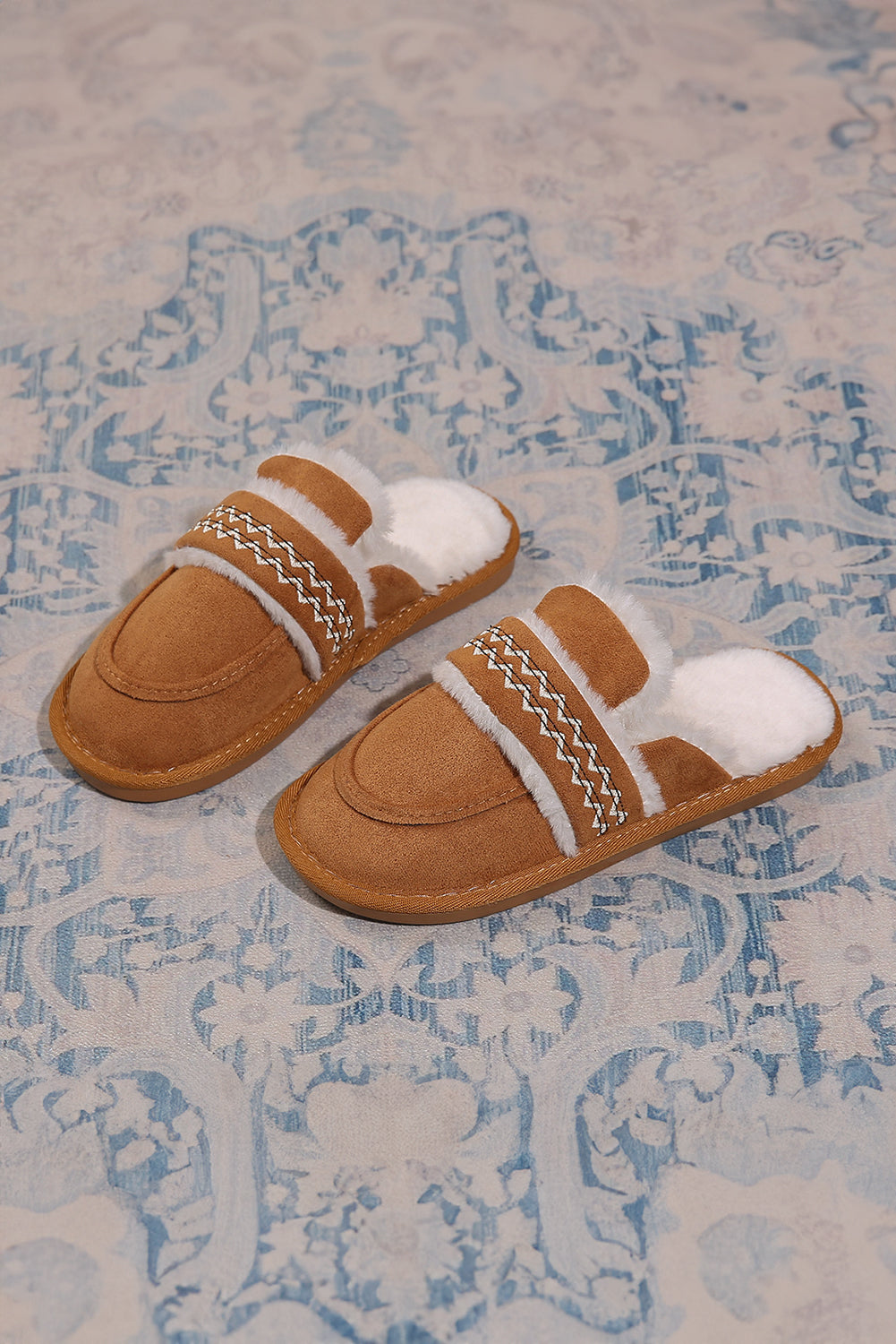 Chestnut Suede Wavy Striped Plush Lined Slippers (Run Small, Size Up)