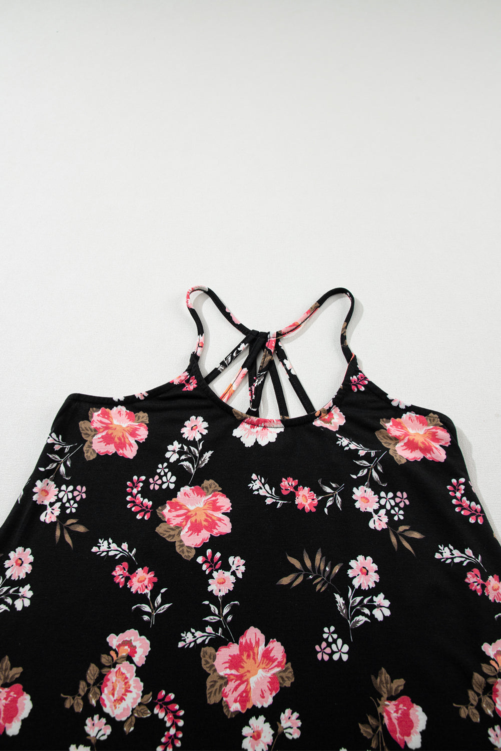 Black Floral Spaghetti Straps Strappy Back Tank Top