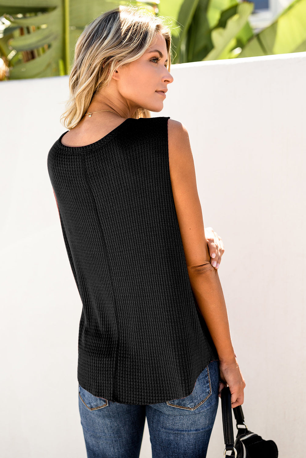 Black Crew Neck Waffle Tank Top