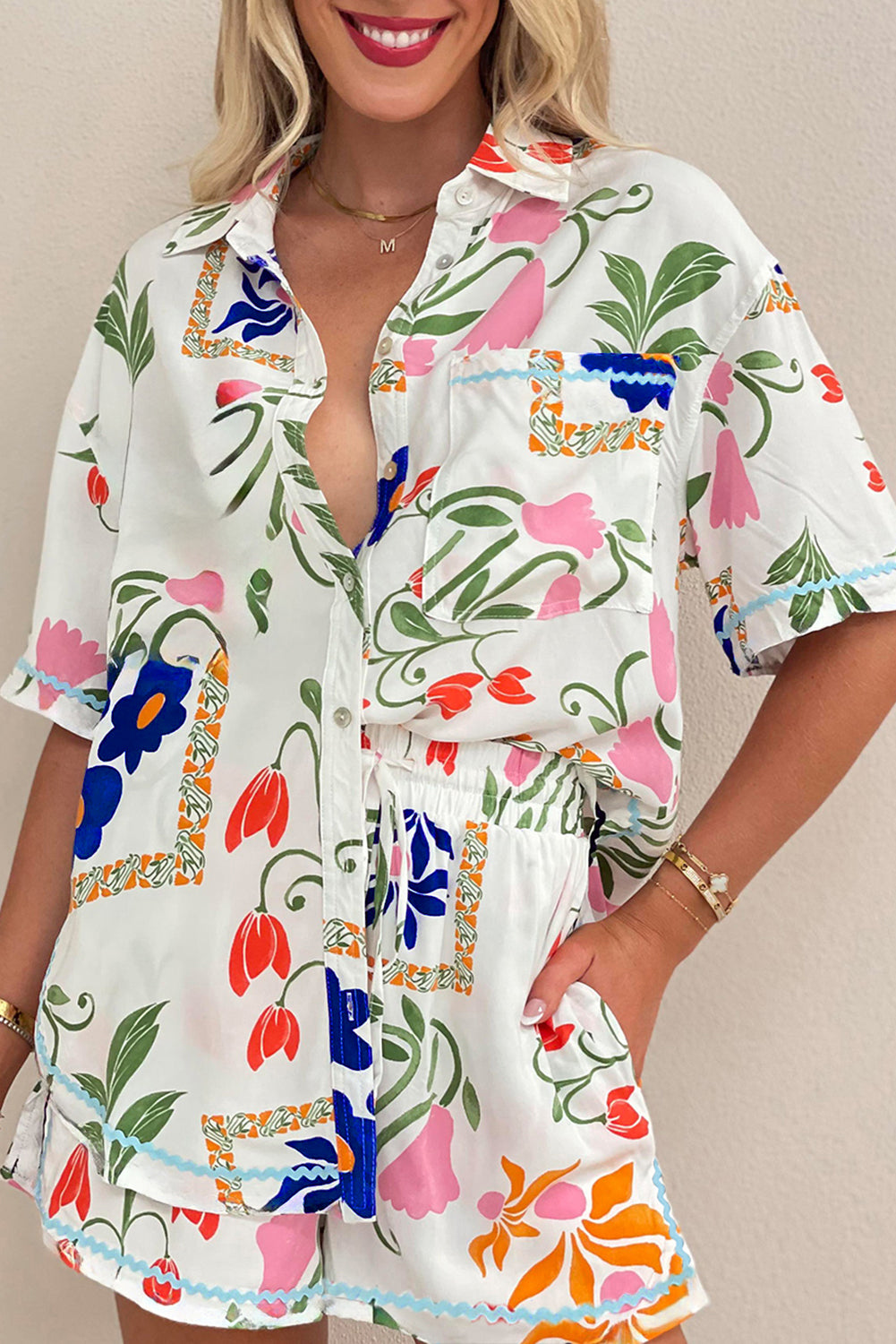 Ricrac Trim Floral Short Sleeve Shirt and Shorts Outfit