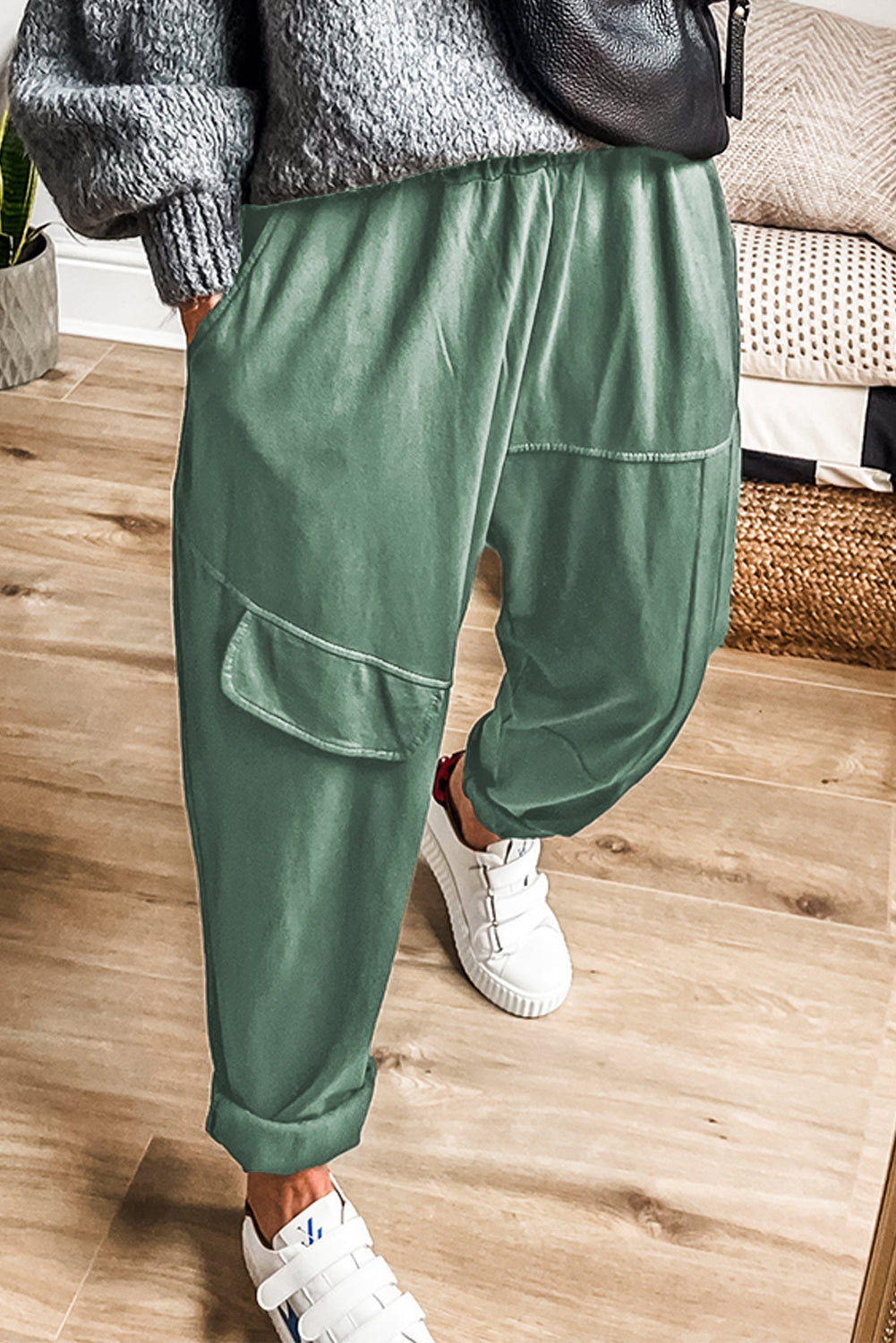 Mist Green Elastic Waist Cargo Pants