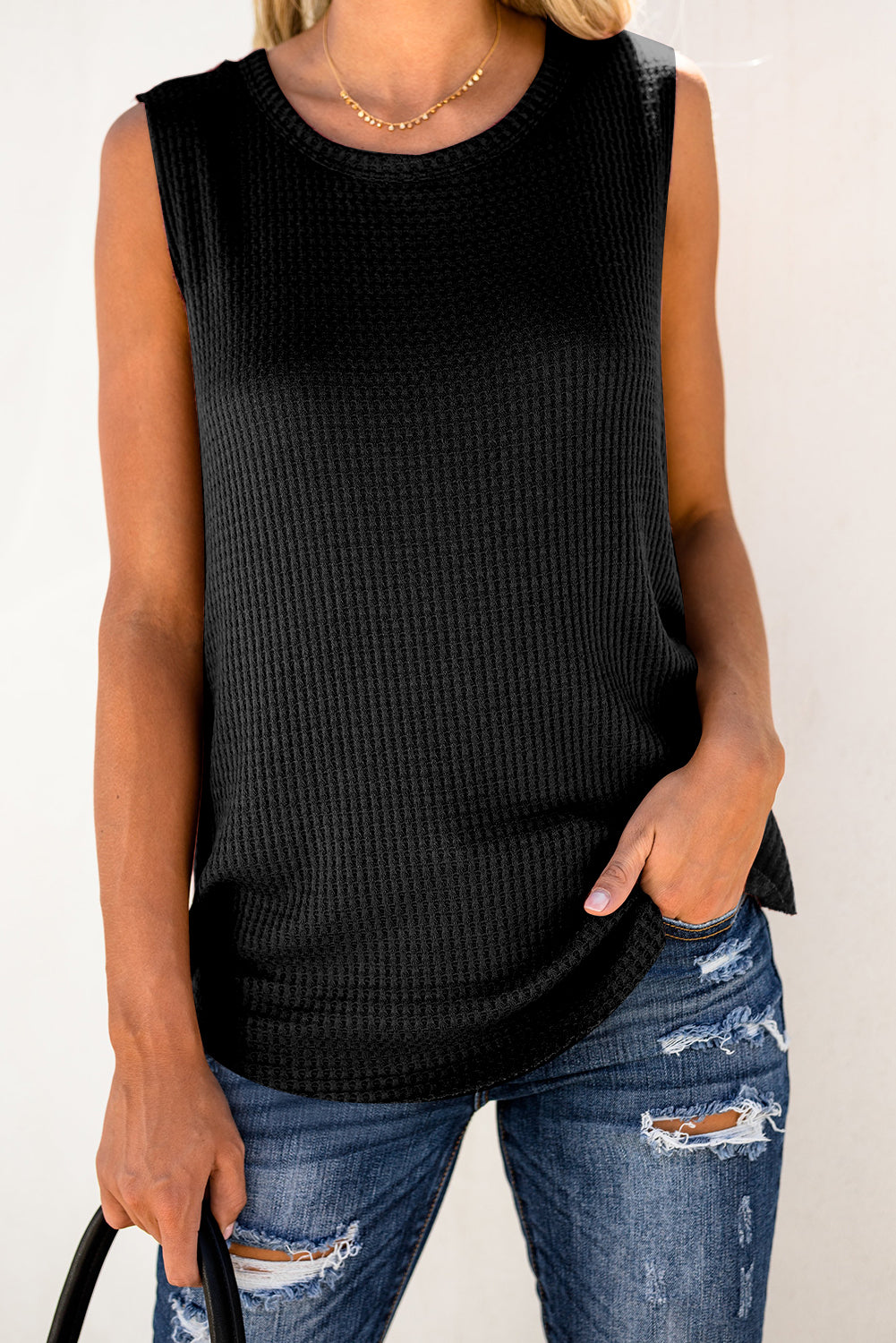 Black Crew Neck Waffle Tank Top