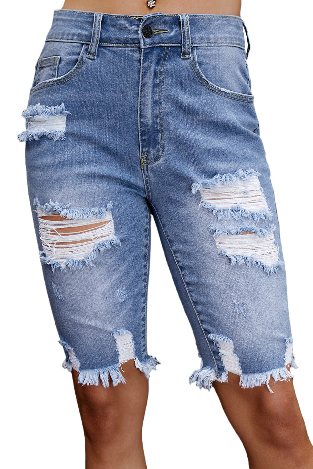 Sky Blue Ripped Tassel Bermuda Denim Shorts