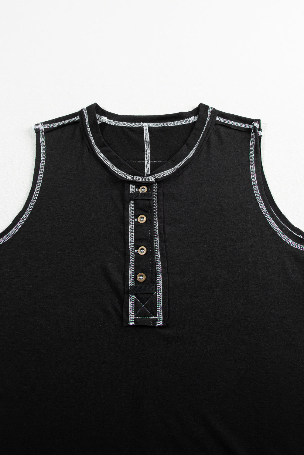 Black Contrast Stitching Exposed Seam Henley Tank Top