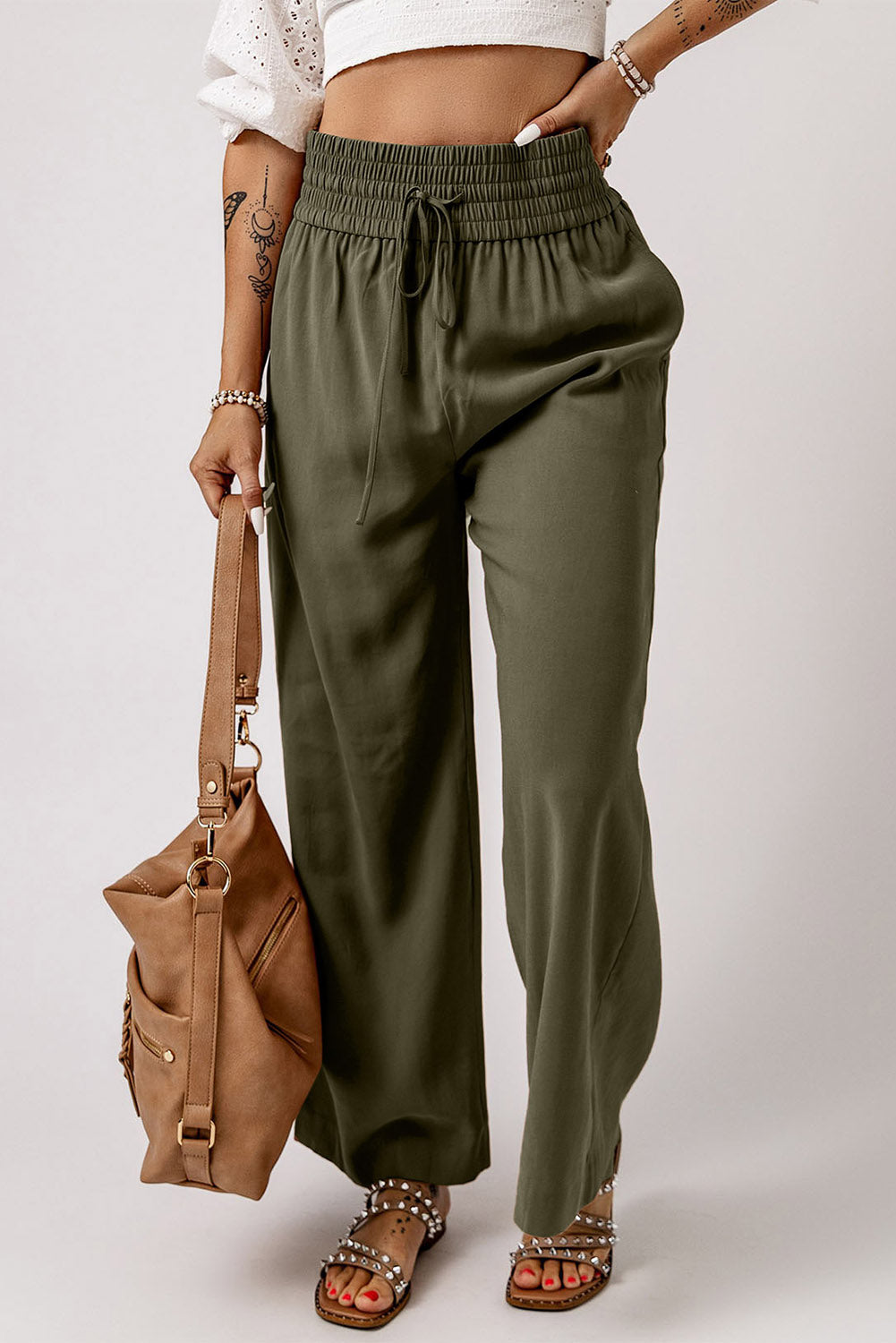 Green Brown Drawstring Elastic Waist Casual Wide Leg Pants