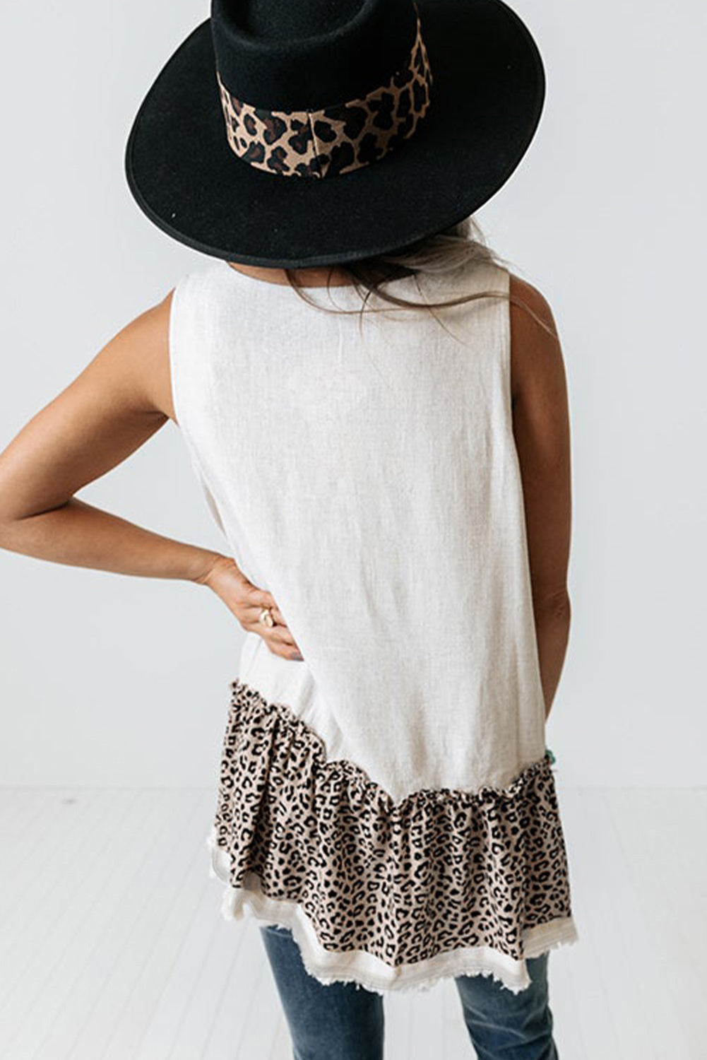 White Leopard Peplum Hemline Flowy Tank Top