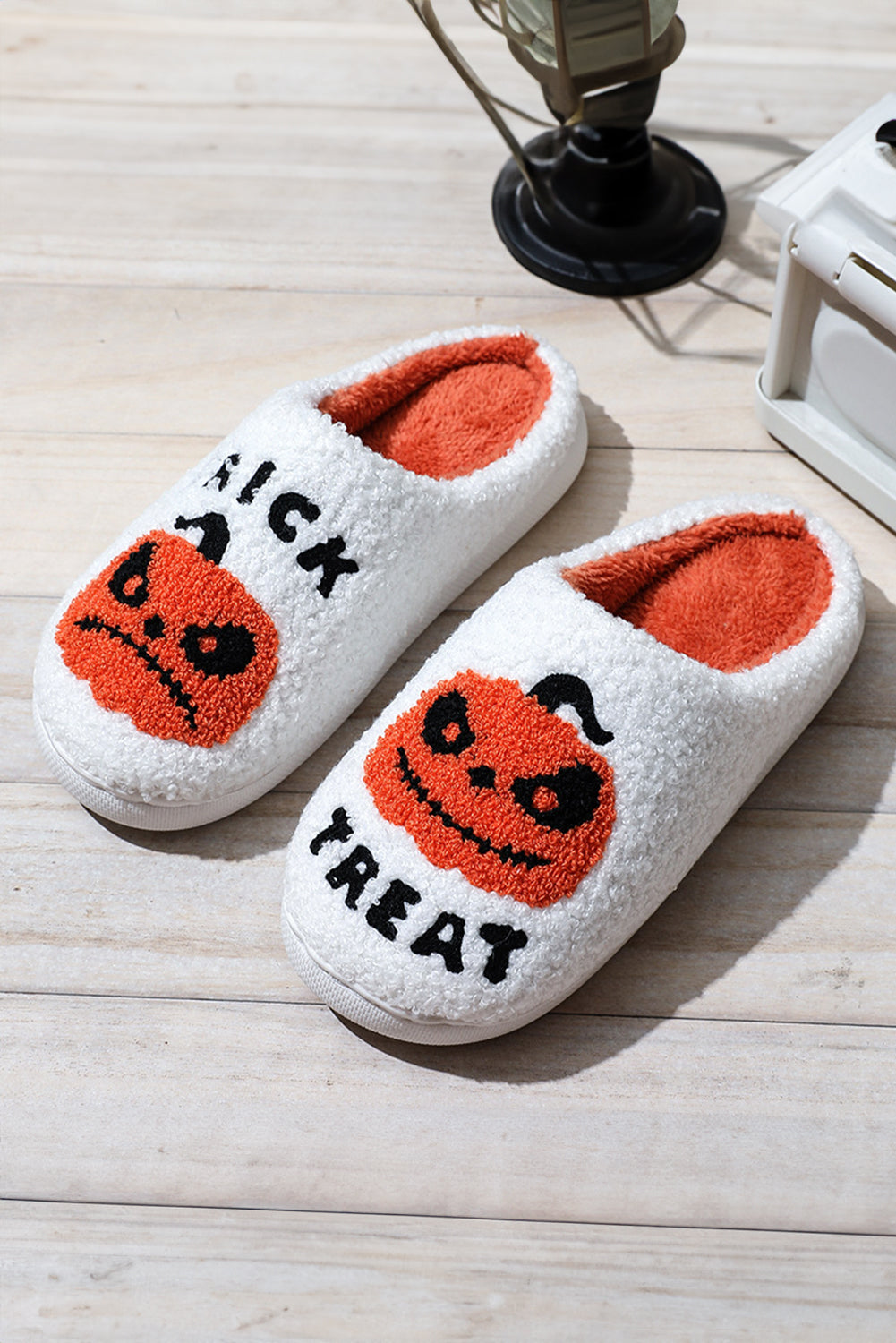 White Halloween Pumpkin Trick Or Treat Plush Slippers