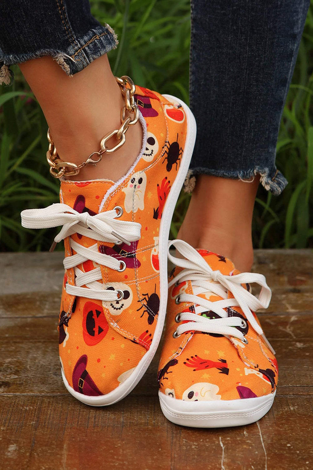 Orange Halloween Pumpkin Ghost Print Lace-up Flat Shoes