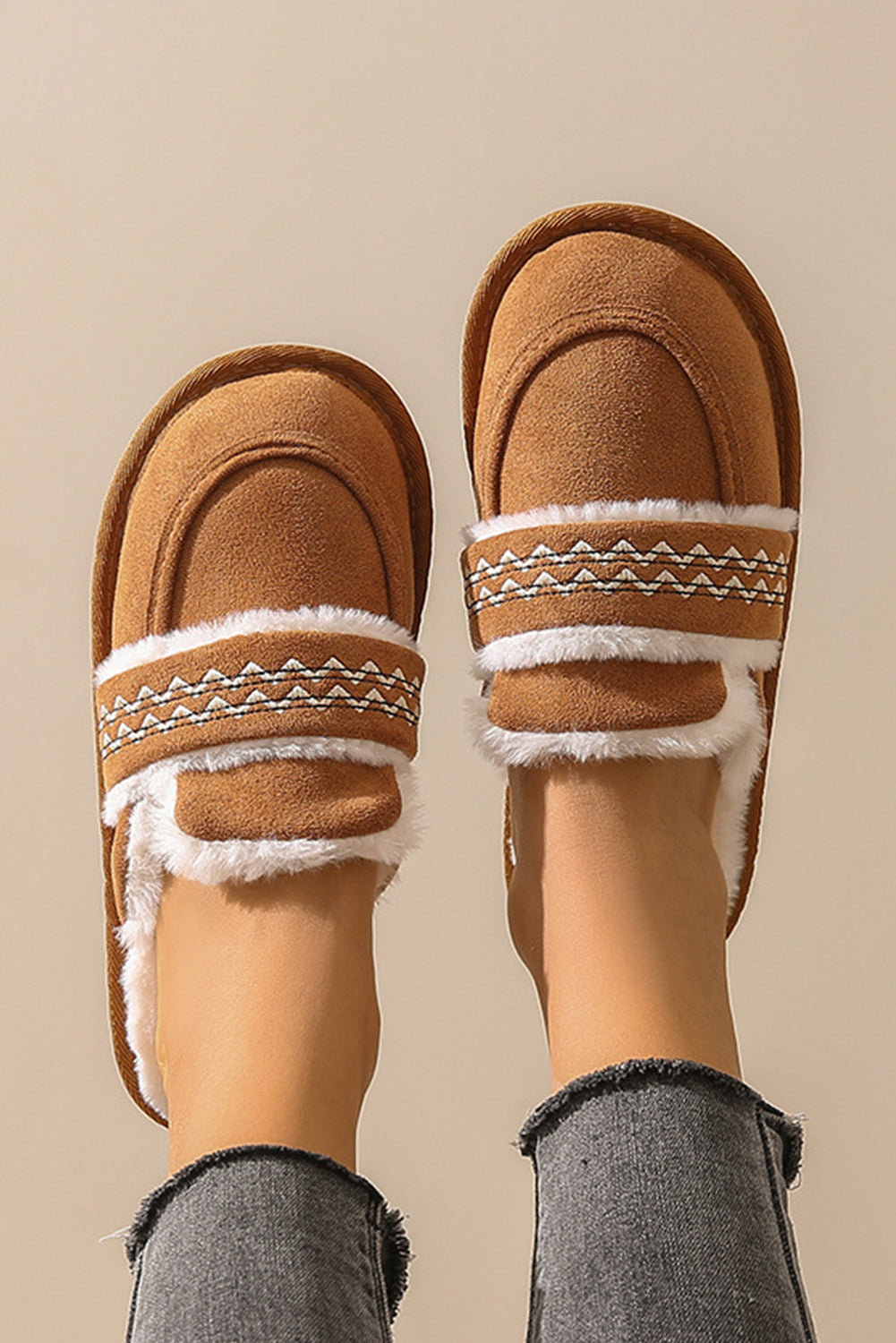 Chestnut Suede Wavy Striped Plush Lined Slippers (Run Small, Size Up)