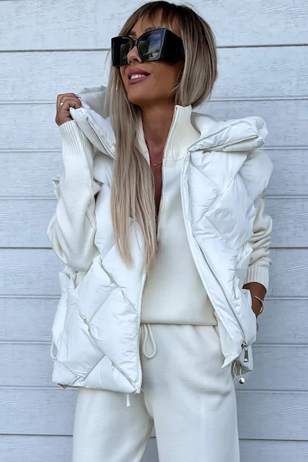 White Quilted Zipper Front Hooded Vest Coat