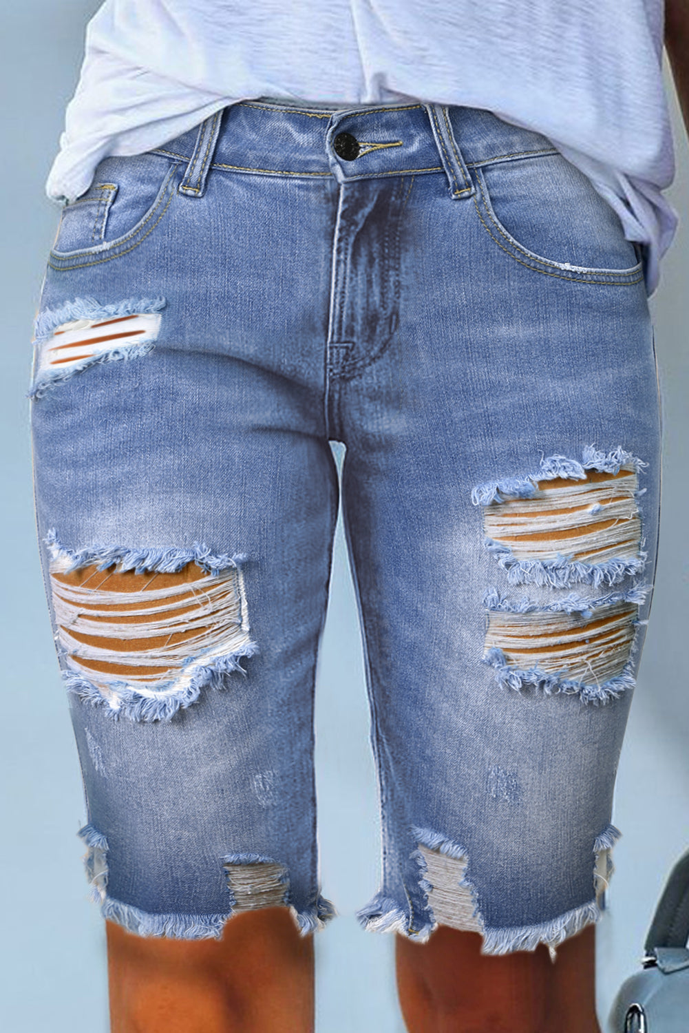 Sky Blue Ripped Tassel Bermuda Denim Shorts