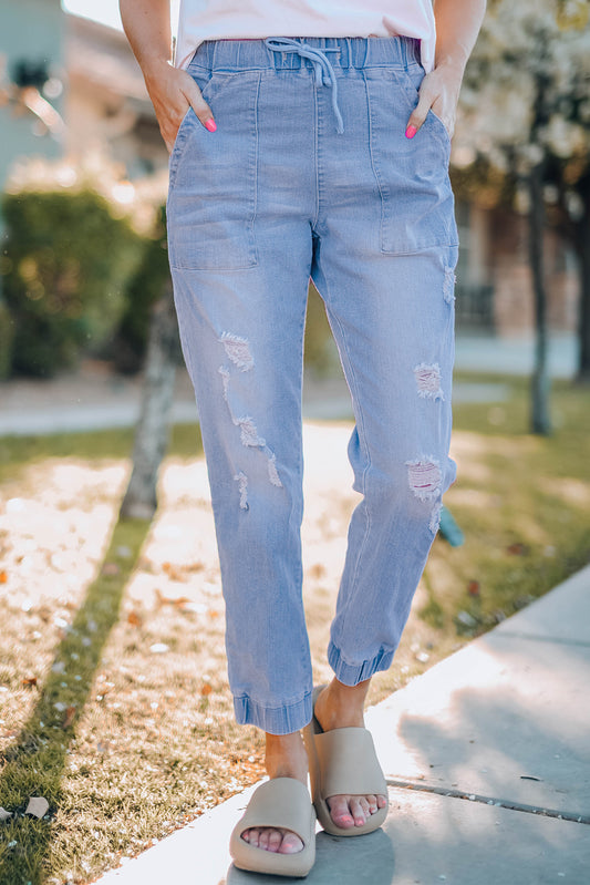 Sky Blue Distress Drawstring Pocketed Joggers