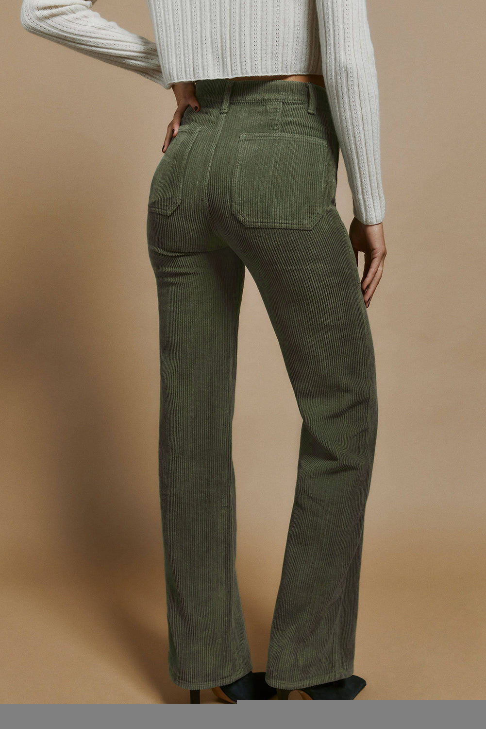 Green High Waist Square Pockets Corduroy Pants