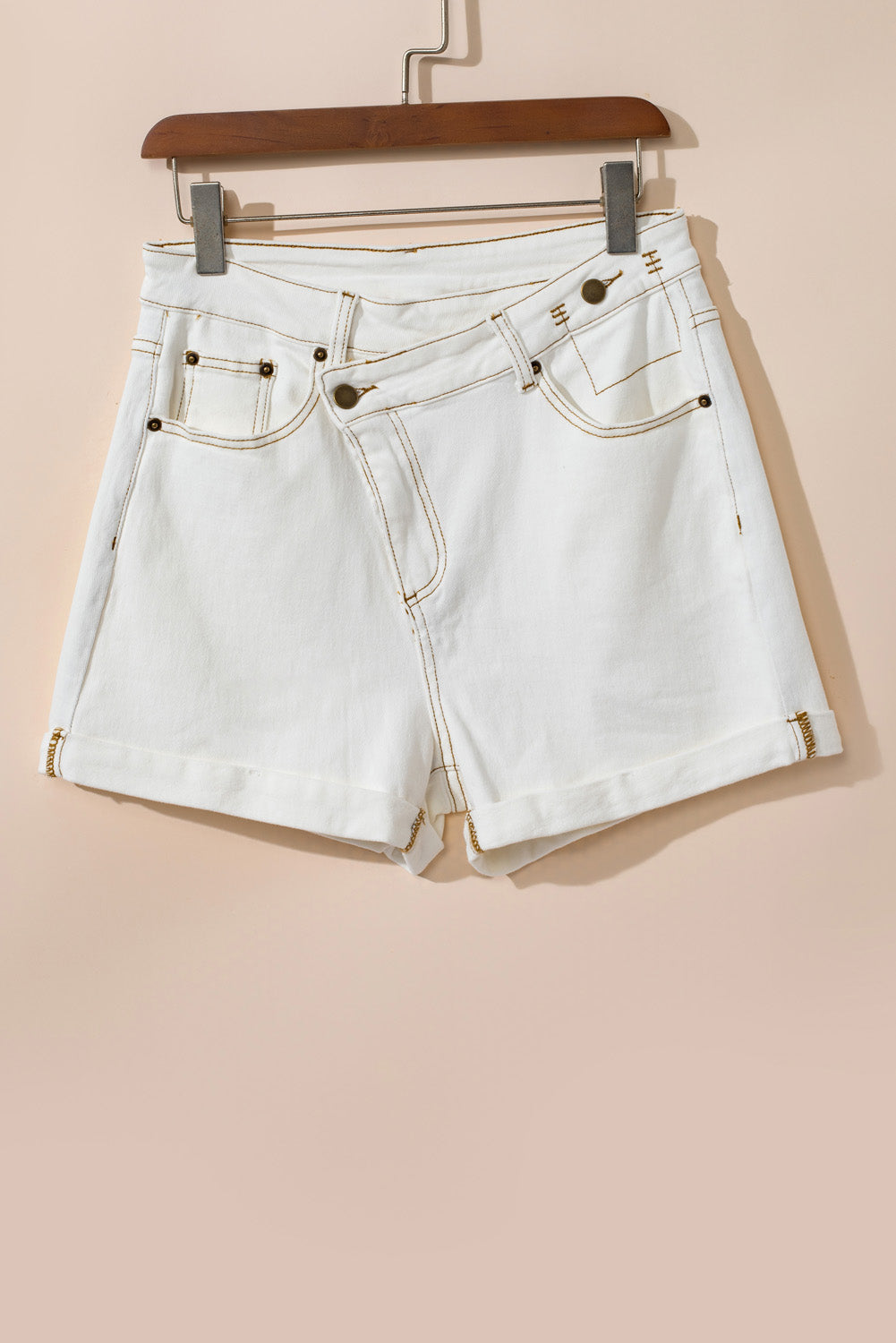 White Asymmetric Waist Design Stylish Denim Shorts