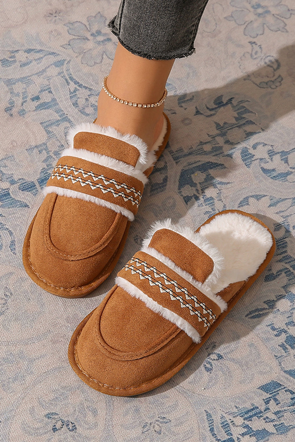 Chestnut Suede Wavy Striped Plush Lined Slippers (Run Small, Size Up)