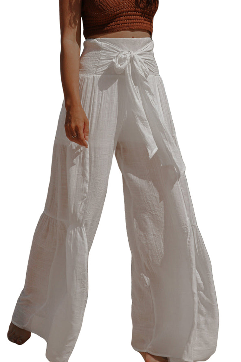 White Smocked High Waist Bohemian Wide Leg Pants