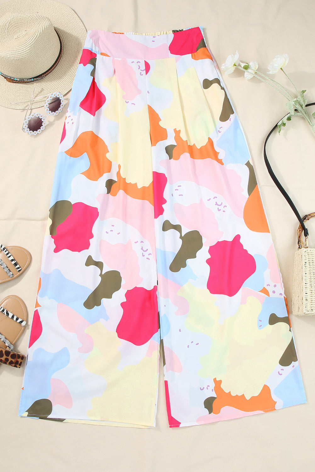 Multicolor Color Palette Print Flowy Wide Leg Pants