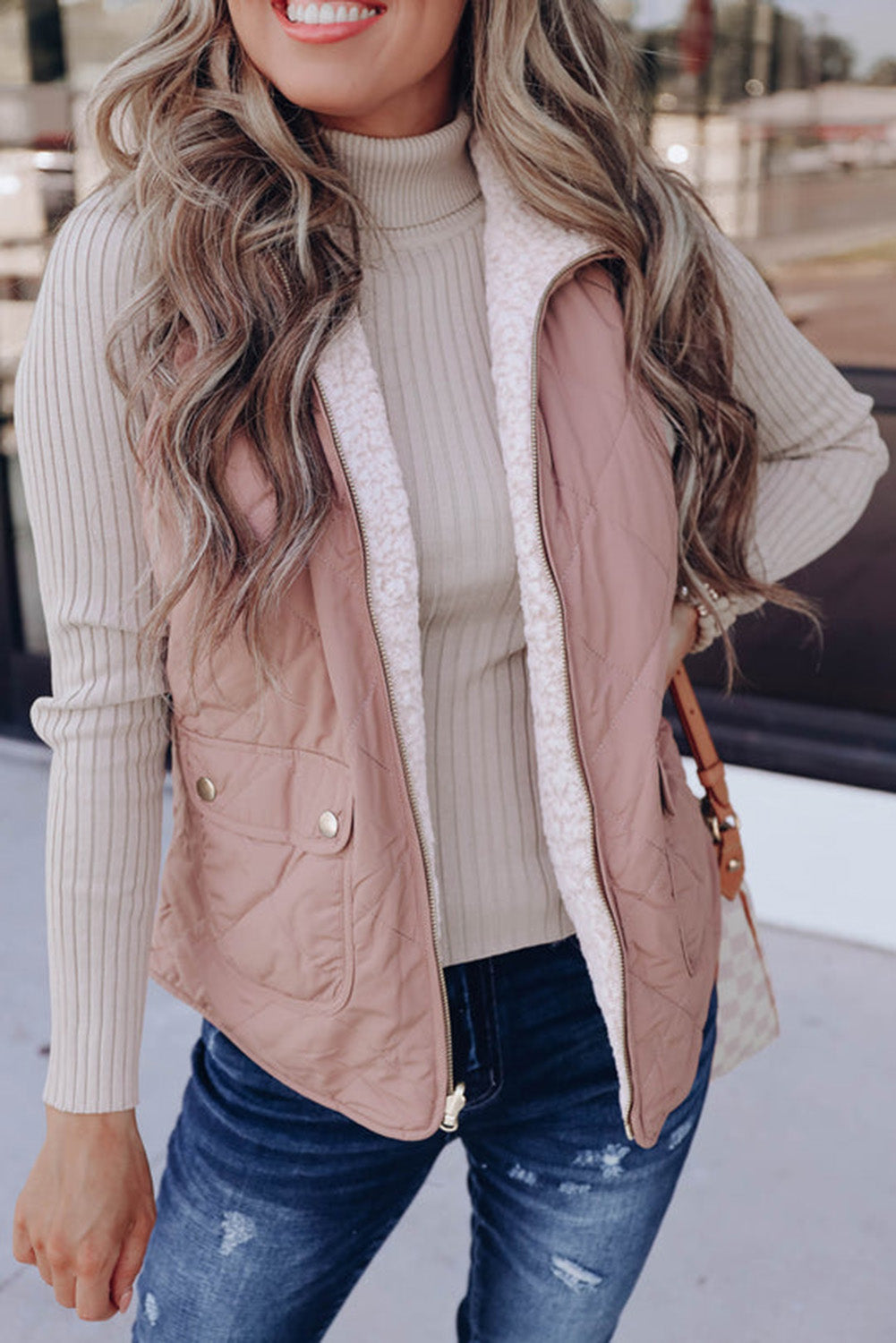 Pink Fleece Lined Quilted Vest Coats