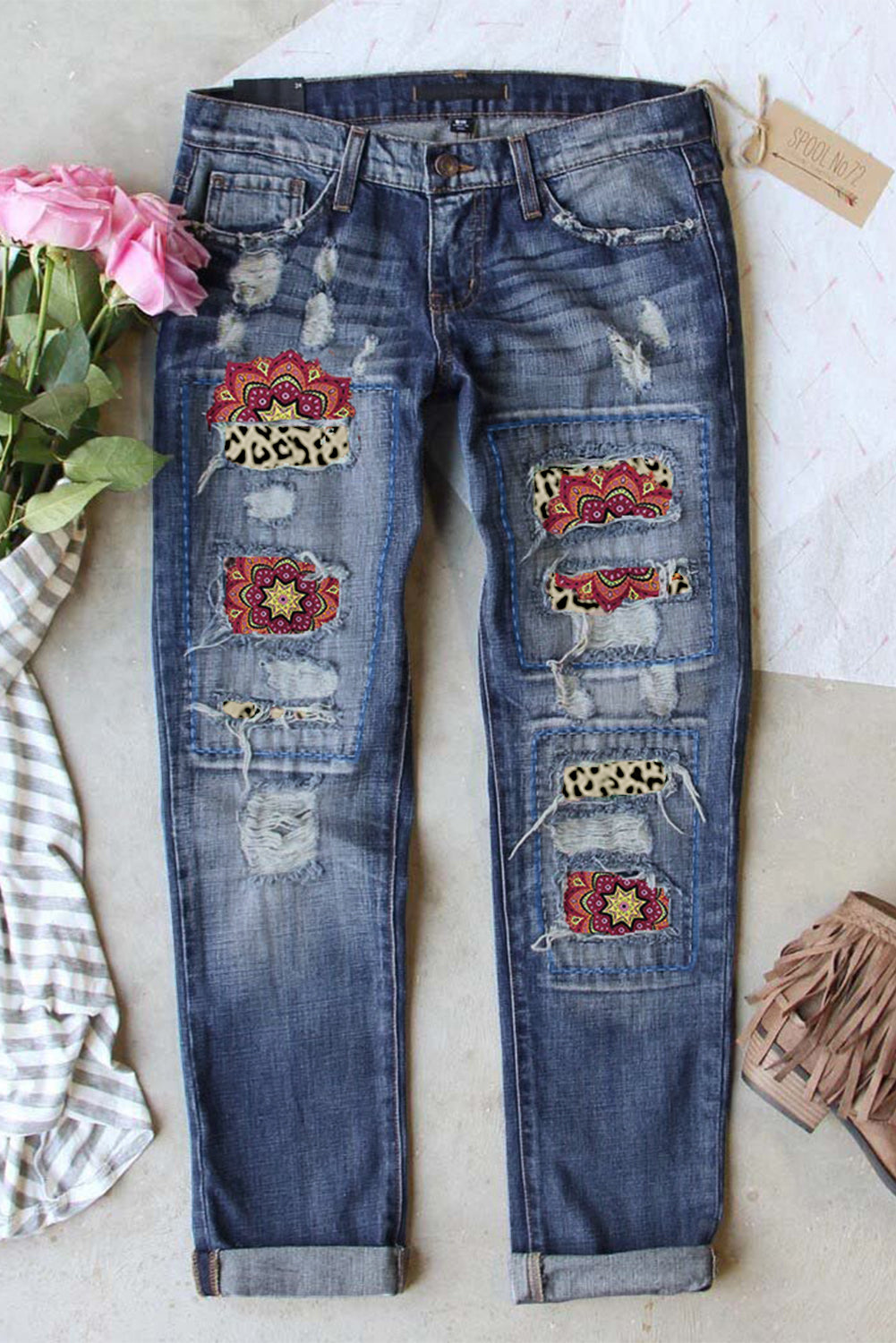 Leopard Pattern Patchwork Mid Waist Distressed Jeans