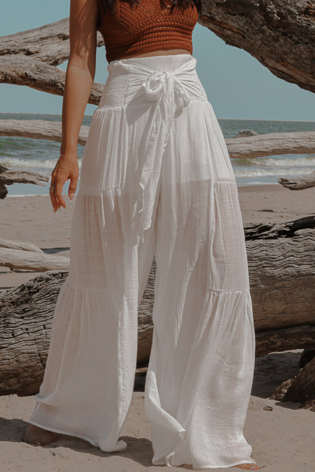 White Smocked High Waist Bohemian Wide Leg Pants