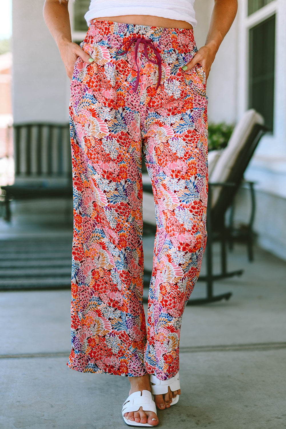 Fiery Red Gorgeous Print Drawstring Smocked High Waist Pants