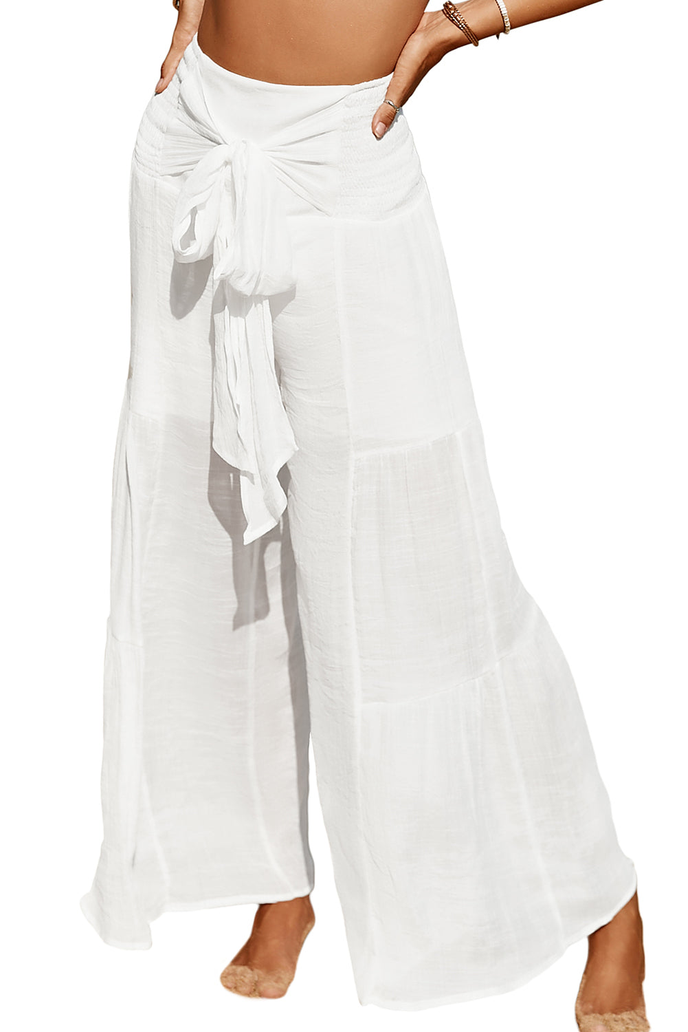 White Smocked High Waist Bohemian Wide Leg Pants