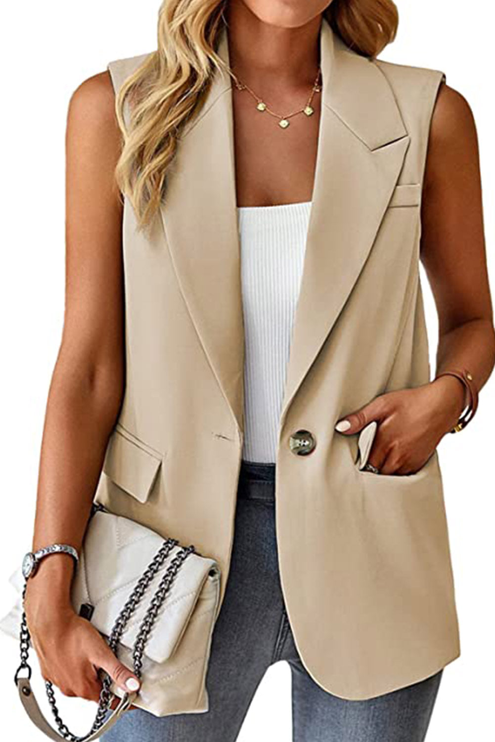 Apricot Single Button Pocketed Lapel Vest Blazer