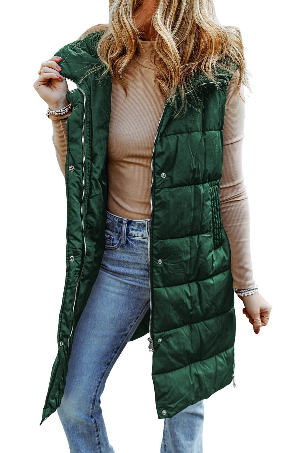 Green Hooded Long Quilted Vest Coat