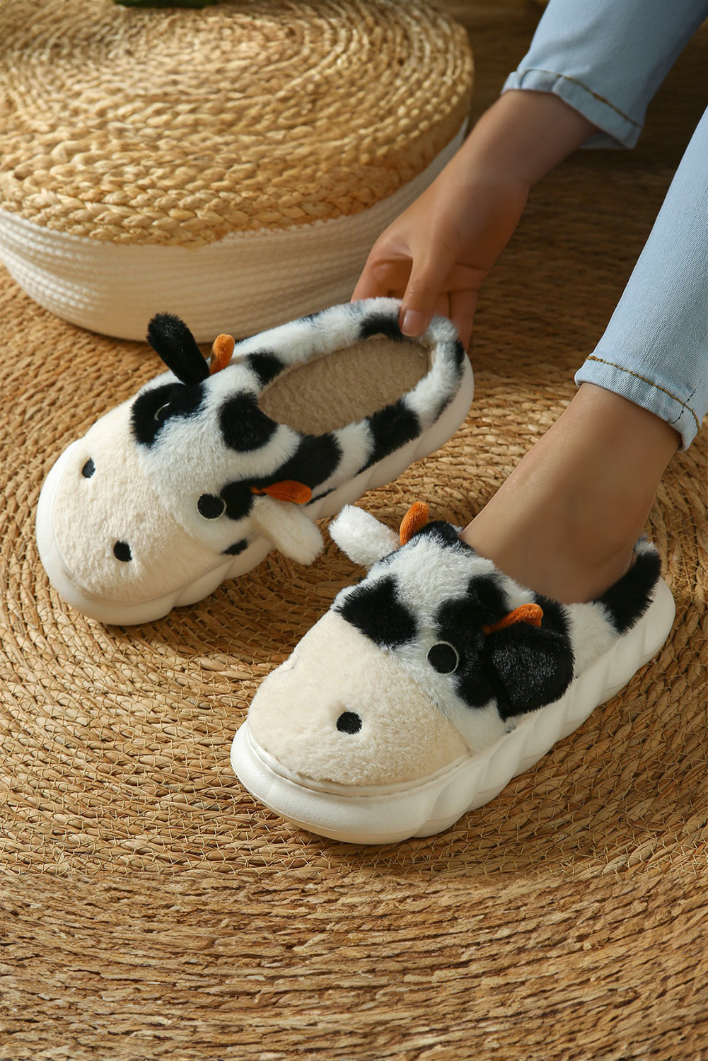 White Cute Cow Thick Sole Plush Thermal Home Slippers