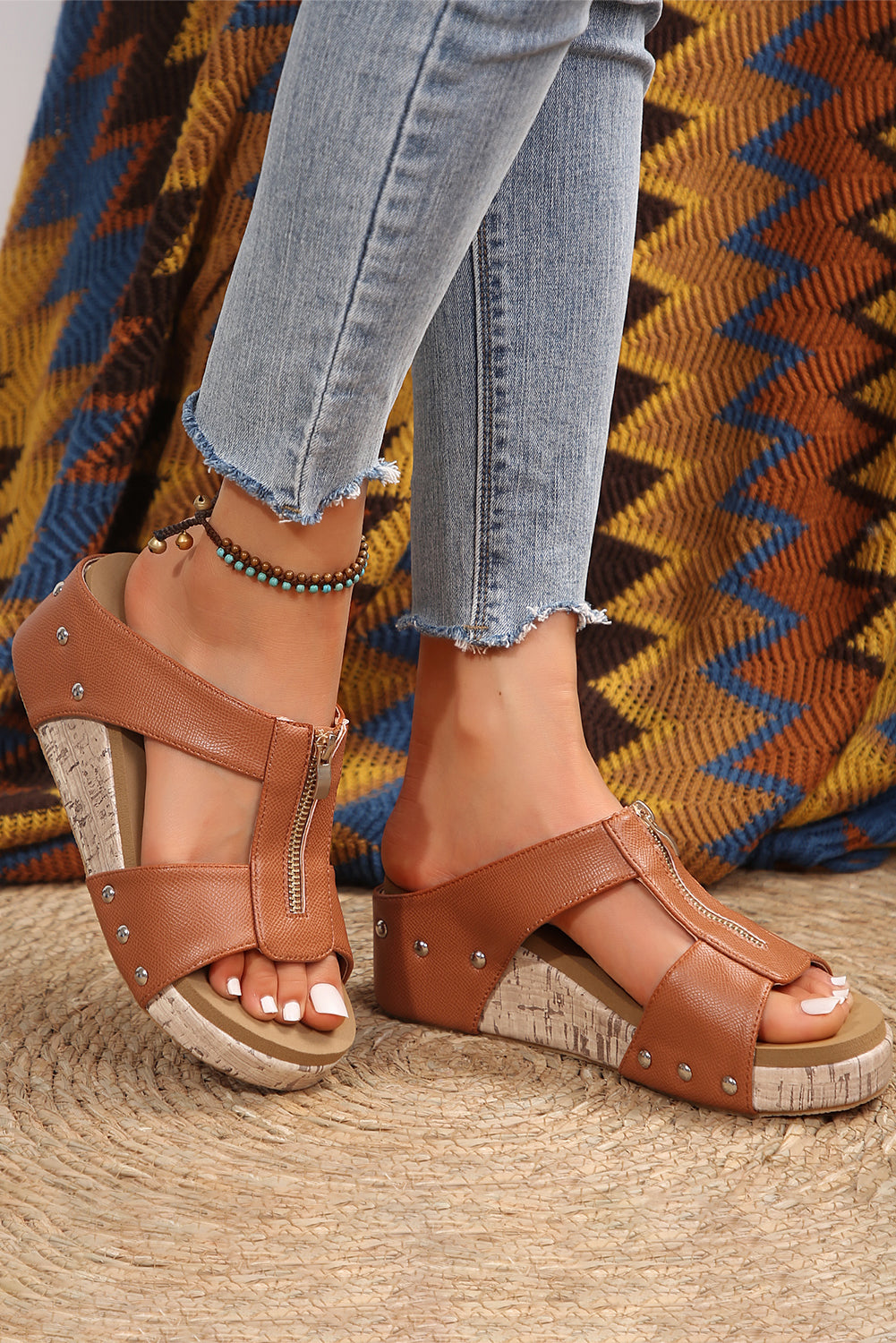 Camel Hollow Out Zipped Studded Wedge Slippers