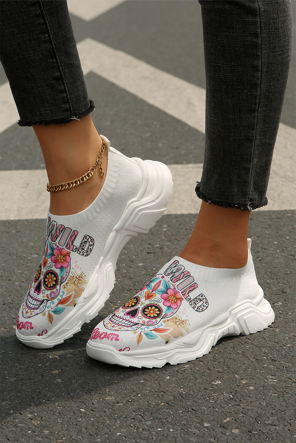 White Halloween Floral Skull Printed Slip-On Flat Shoes