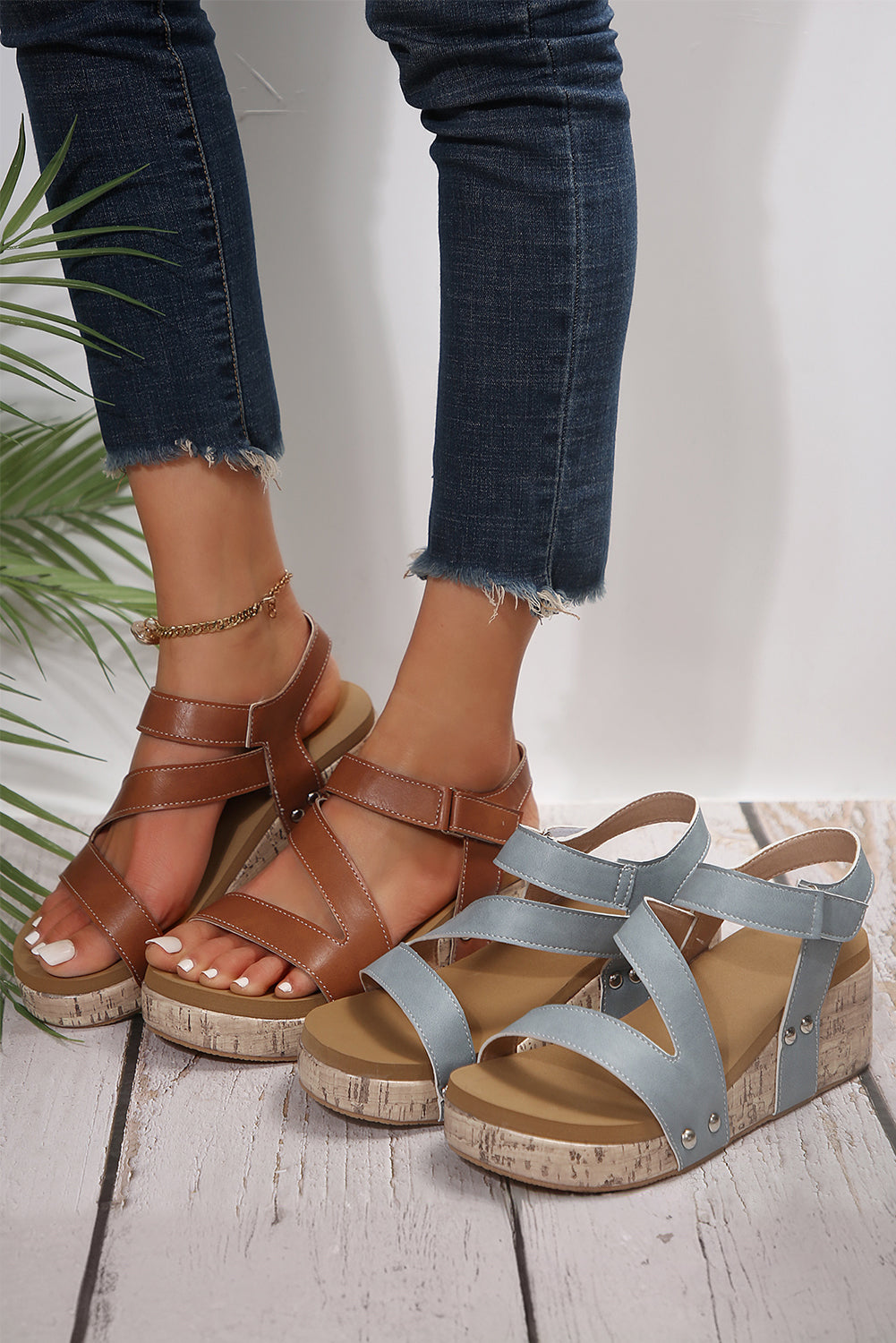 Chestnut Hollow Out Velcro Leather Wedge Sandals