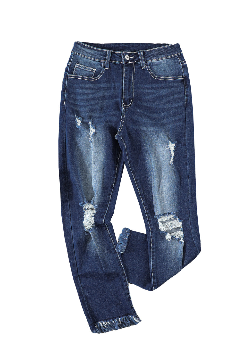 Blue Distressed Raw Hem Button Mid Waist Jeans