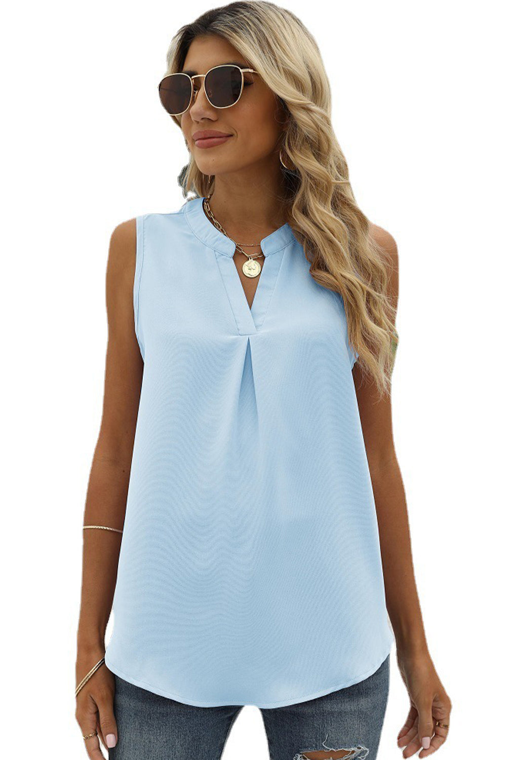 Beau Blue Solid Color Notched Neck Tank Top