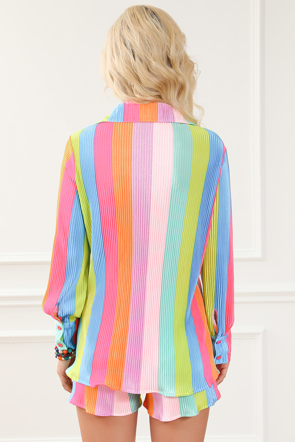 Multicolor Rainbow Stripe Crinckle Shirt and Shorts Outfit