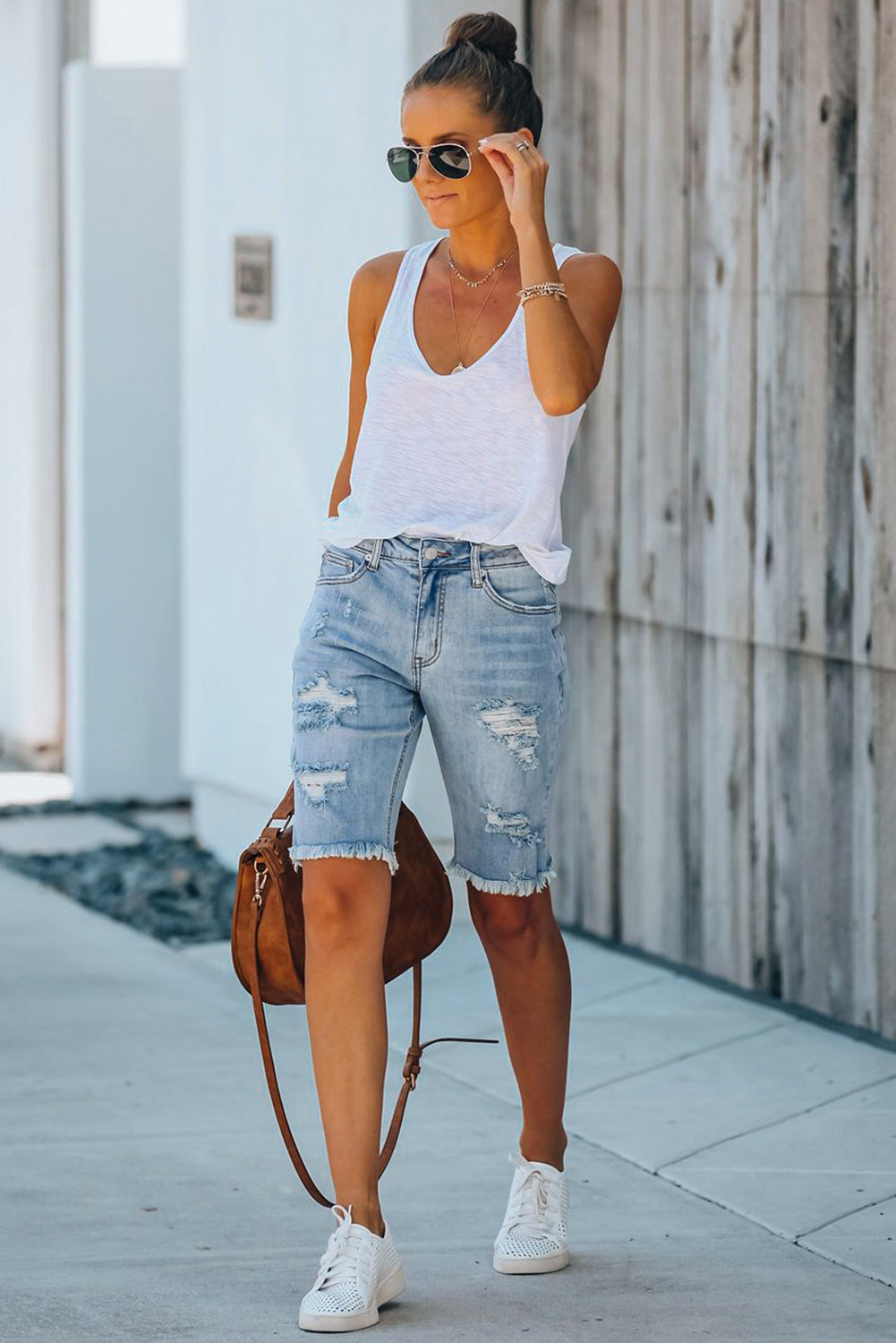 Light Blue Distressed Denim Bermuda Shorts