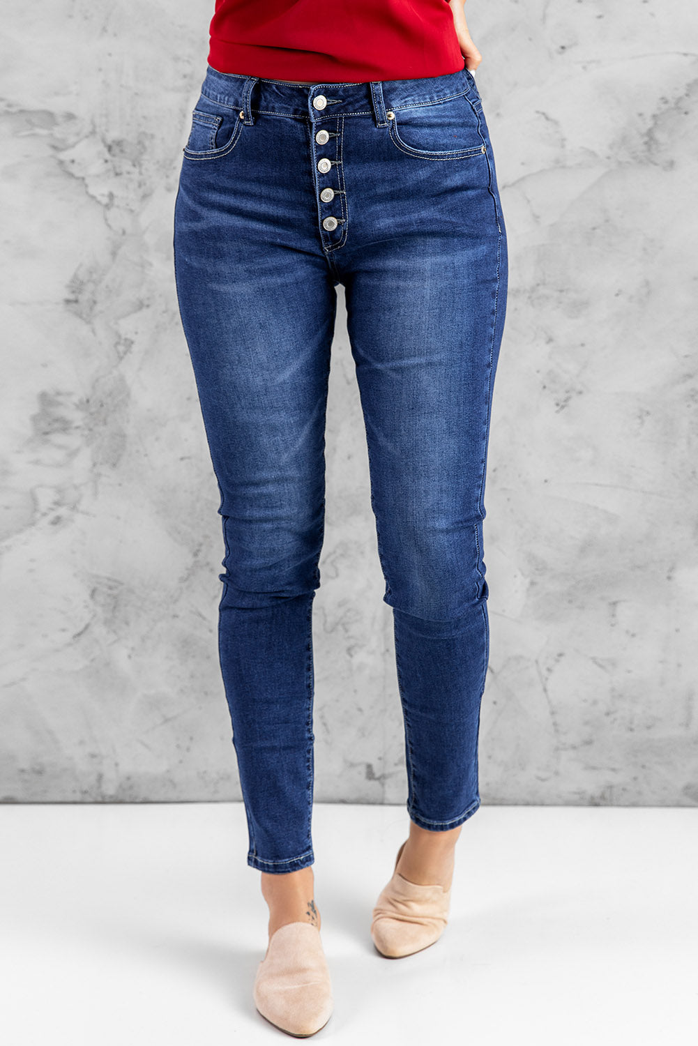 Blue High Rise Skinny Button Fly Jeans