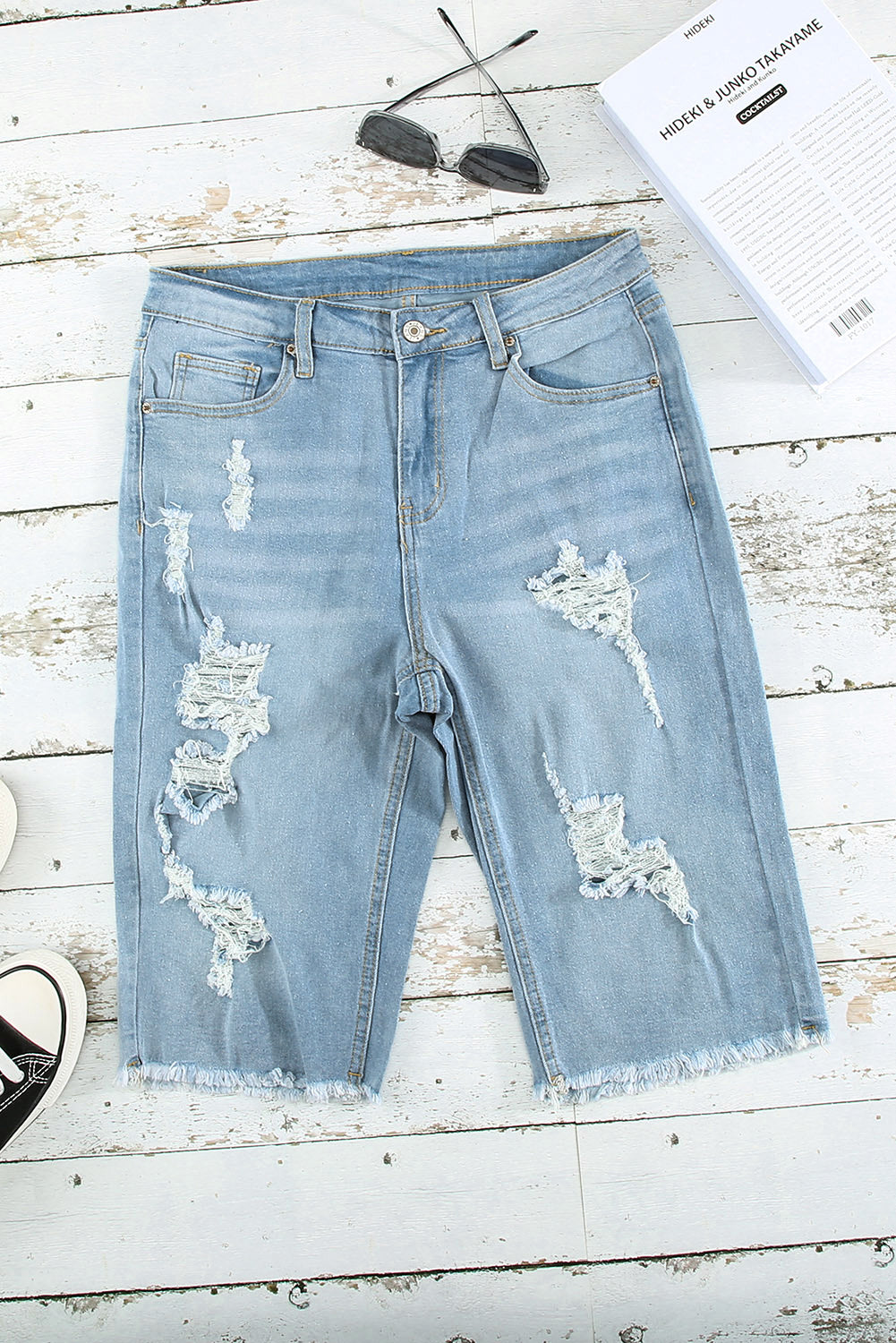 Light Blue Distressed Denim Bermuda Shorts