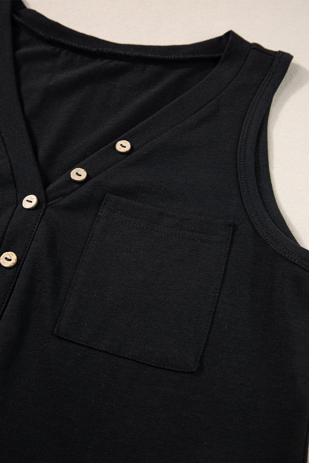 Black Half Button V Neck Patched Pocket Tank Top