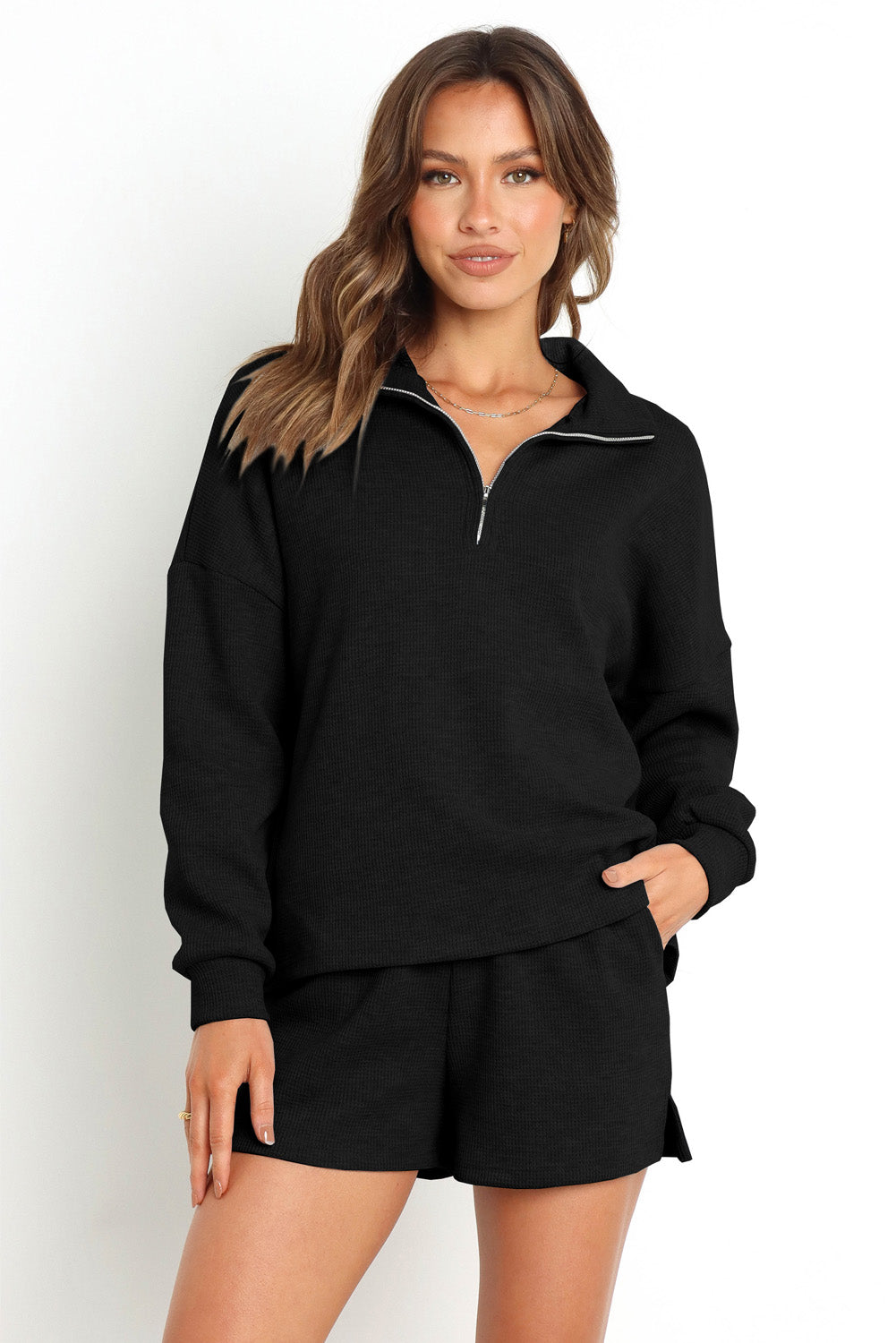 Black Ribbed Zipper Sweatshirt and High Waist Shorts Set