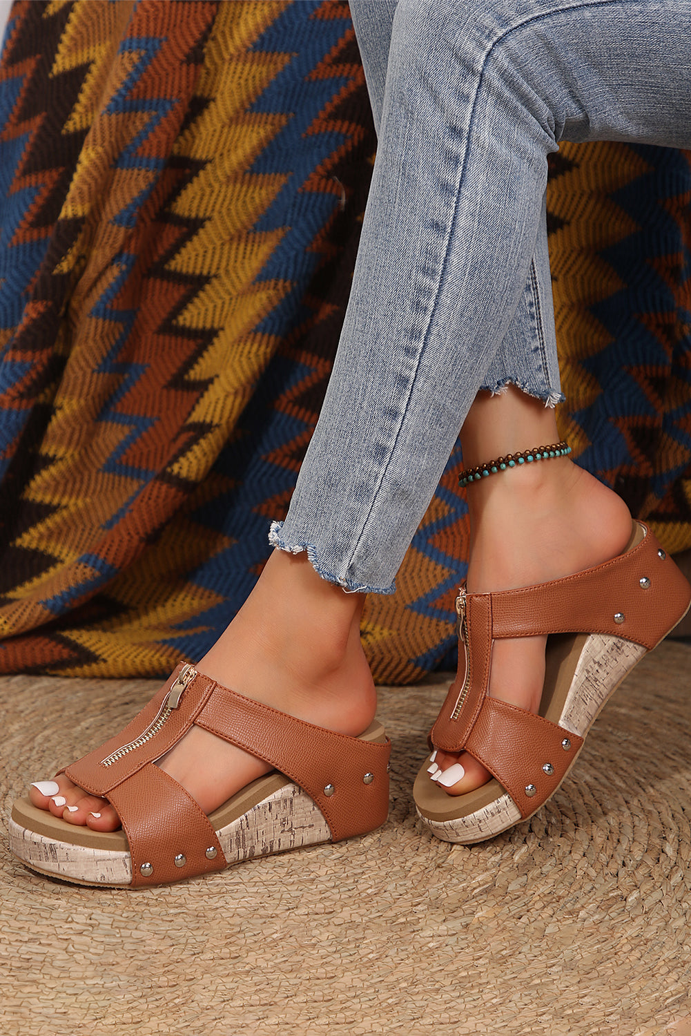 Camel Hollow Out Zipped Studded Wedge Slippers